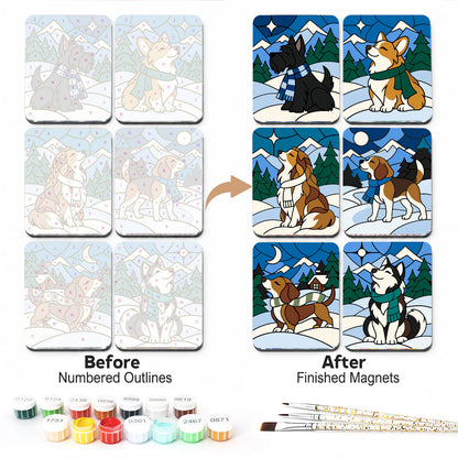 Scarf-Wrapped Snow Pups fridge magnets – Stained-glass style dogs in scarves in snowy mountains: a Scottie, a corgi, a spaniel, beagles and a husky
