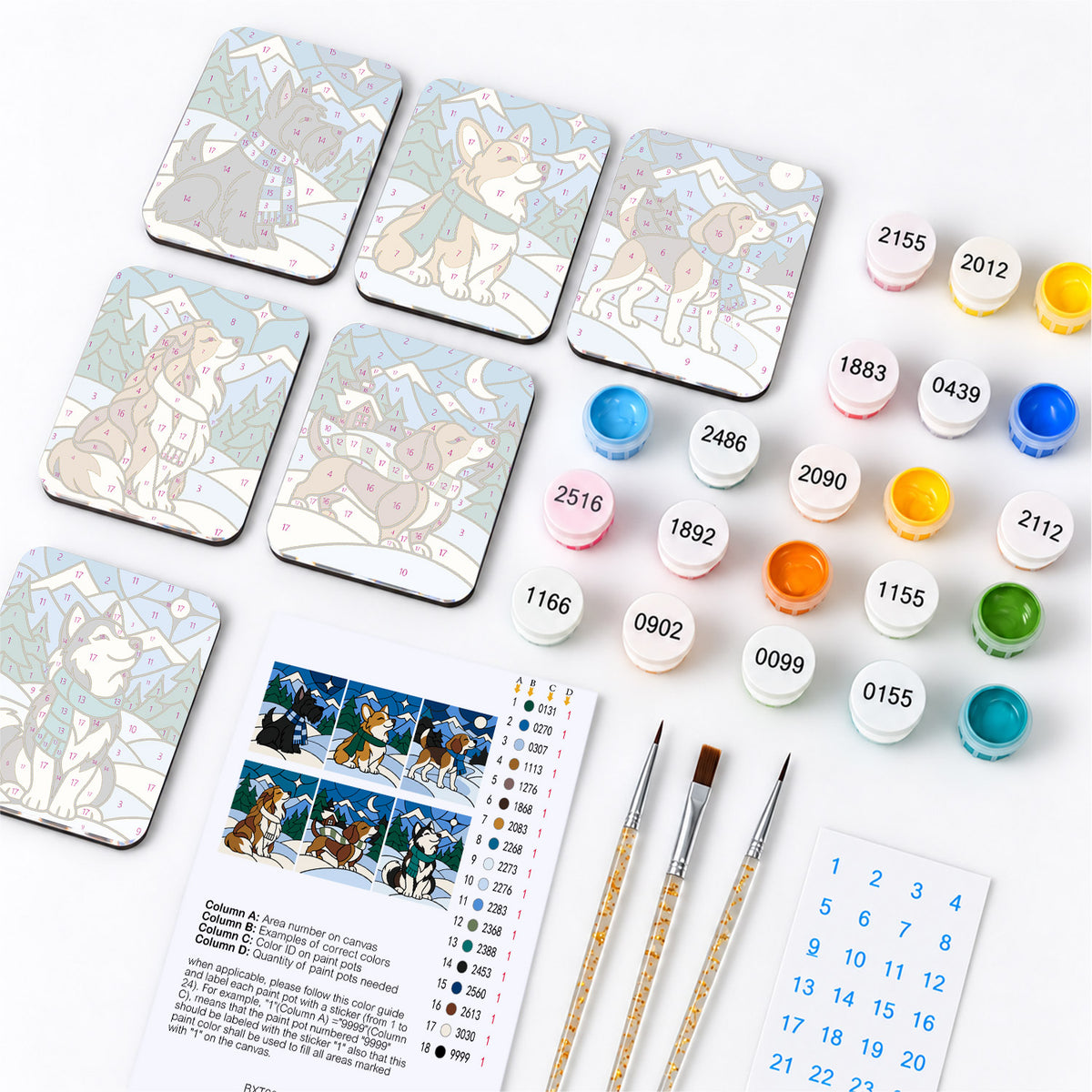 Scarf-Wrapped Snow Pups fridge magnets – what's in the kit: the 6 magnet tiles, numbered paints, brushes, layout sheet and stickers