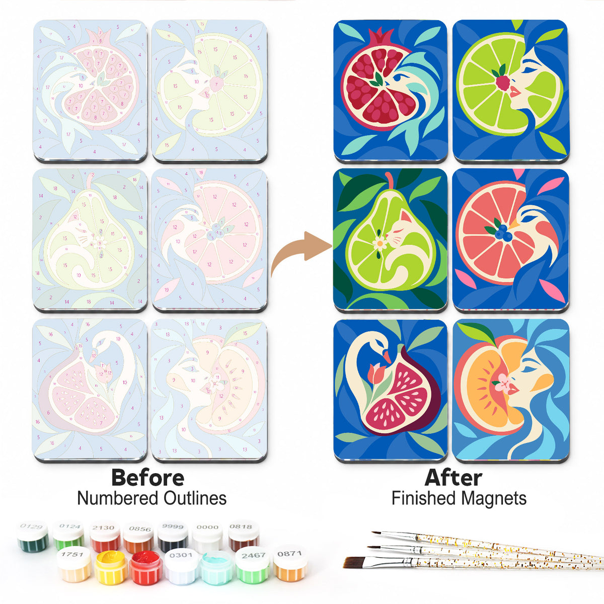 Swirling Fruit Muse Faces fridge magnets – Fruit with women's faces in blue swirls: pomegranate, lime, pear, grapefruit, orange and a swan with a fig