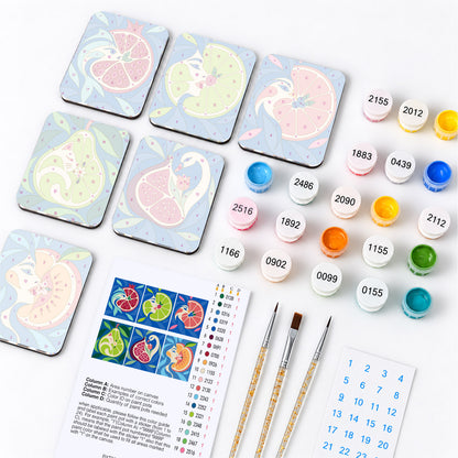 Swirling Fruit Muse Faces fridge magnets – what's in the kit: the 6 magnet tiles, numbered paints, brushes, layout sheet and stickers