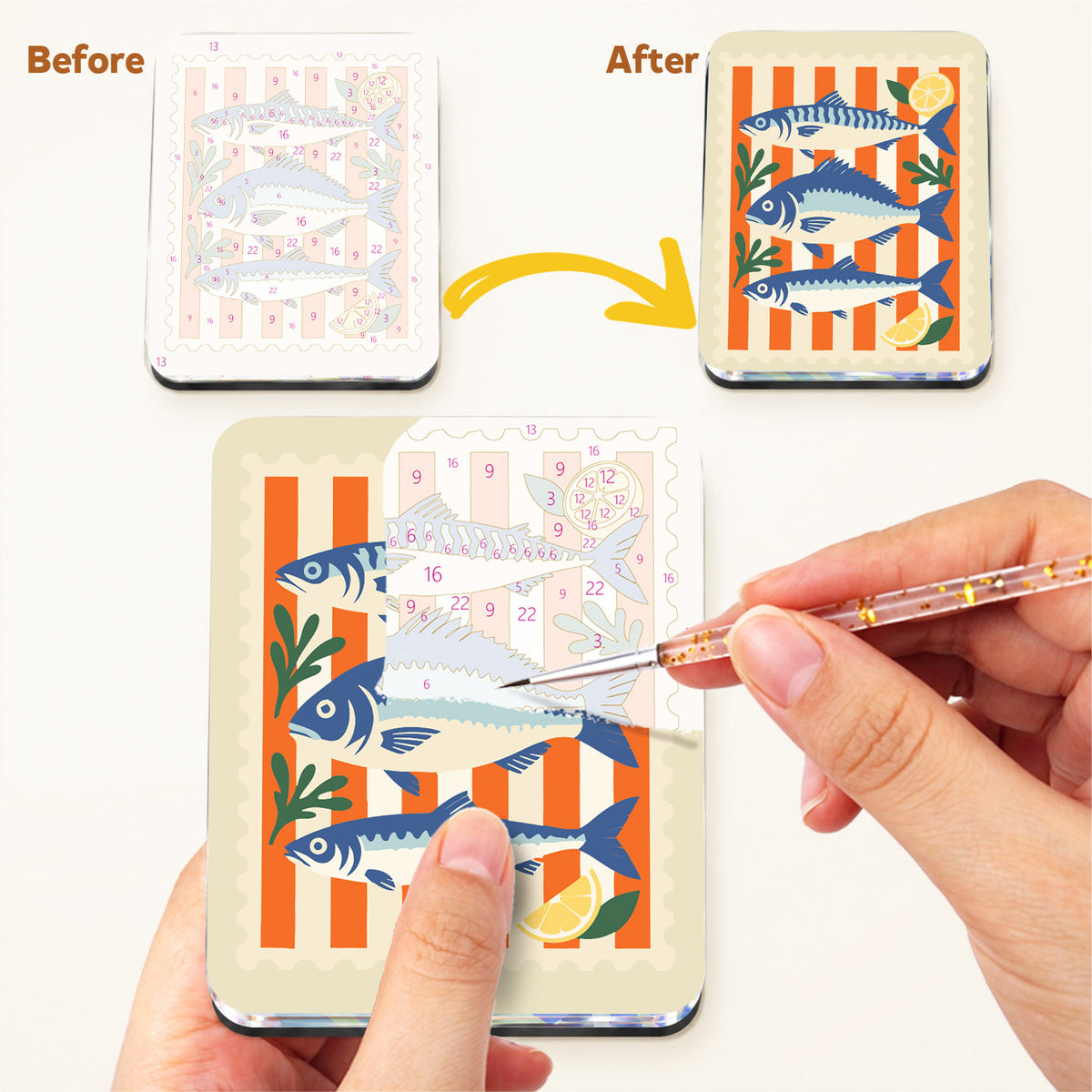 Italian Café Postage Stamps fridge magnets – one of the six magnets finished, next to its numbered outline