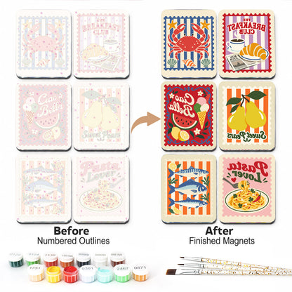 Italian Café Postage Stamps fridge magnets – all six designs, before and after