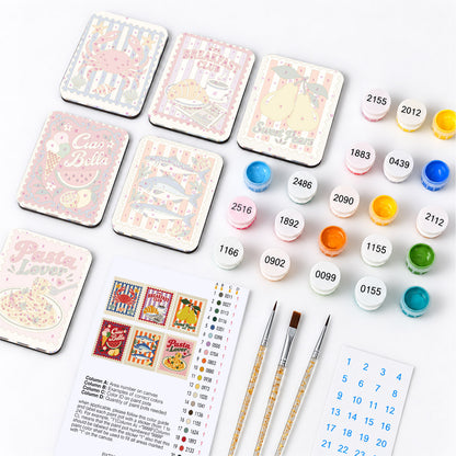 Italian Café Postage Stamps fridge magnets – what's in the kit: the 6 magnet tiles, numbered paints, brushes, layout sheet and stickers