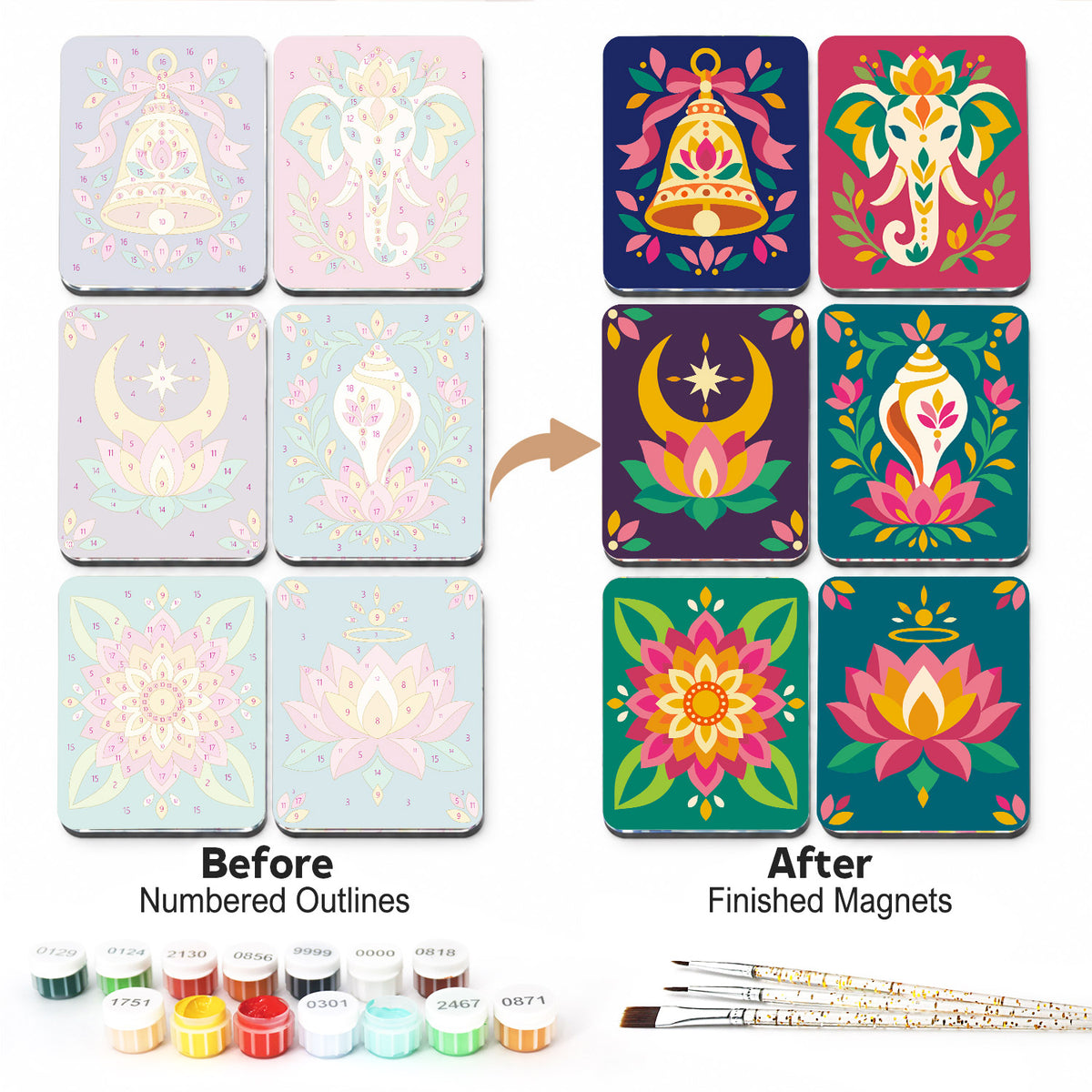 Jewel-Tone Lotus and Elephant fridge magnets – Jewel-toned folk motifs: a bell, a decorated elephant, a crescent moon, a seashell, a mandala flower and a lotus