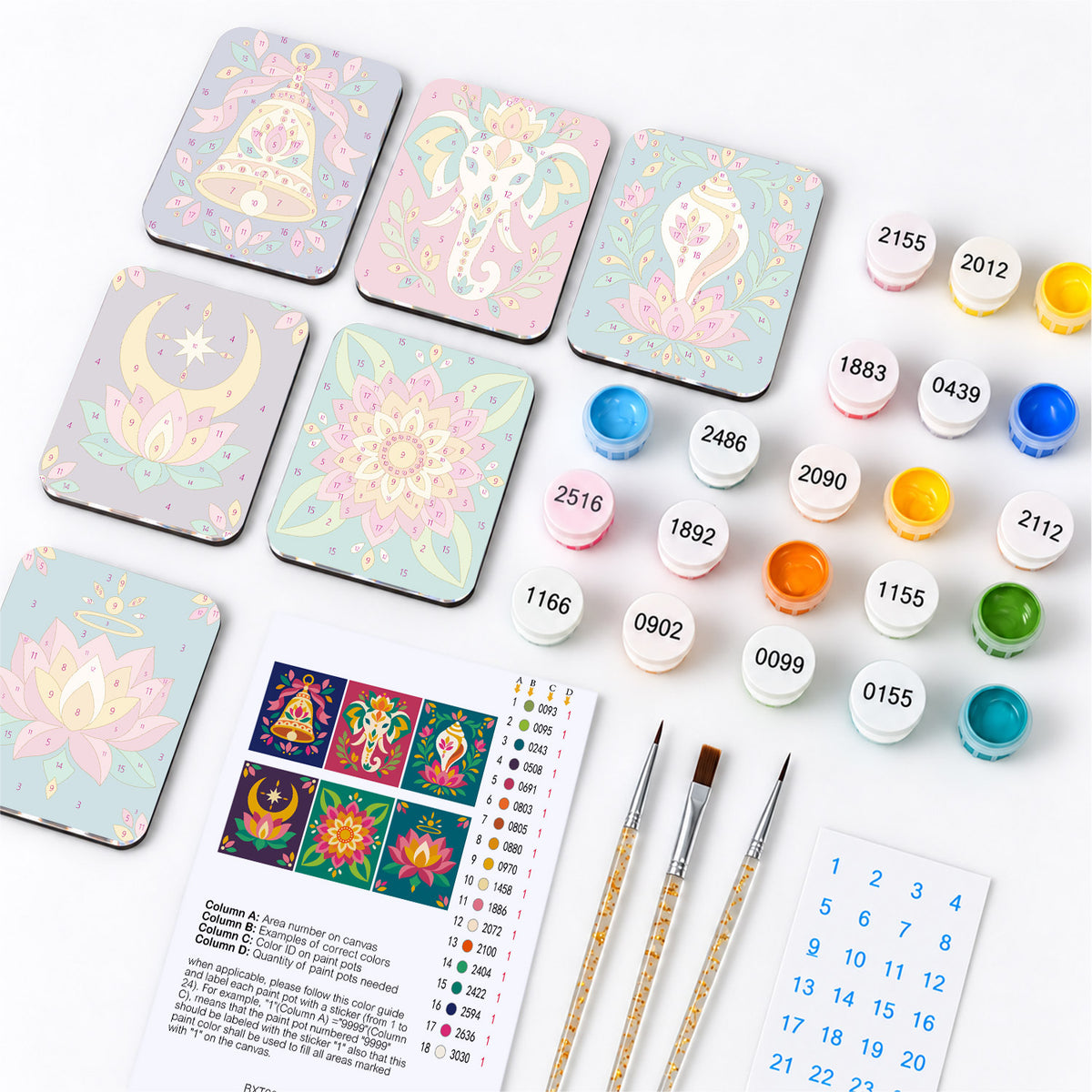 Jewel-Tone Lotus and Elephant fridge magnets – what's in the kit: the 6 magnet tiles, numbered paints, brushes, layout sheet and stickers