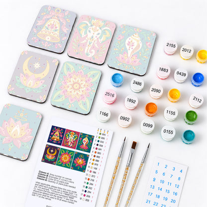 Jewel-Tone Lotus and Elephant fridge magnets – what's in the kit: the 6 magnet tiles, numbered paints, brushes, layout sheet and stickers