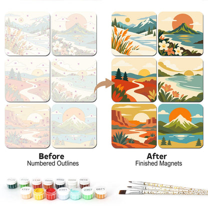 Muted Boho Horizon Views fridge magnets – Boho landscapes in warm muted tones: snowy peaks, a volcano isle, an autumn valley, a shore, a canyon and a green peak