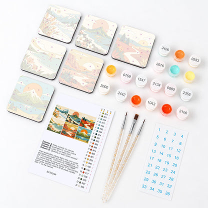 Muted Boho Horizon Views fridge magnets – what's in the kit: the 6 magnet tiles, numbered paints, brushes, layout sheet and stickers