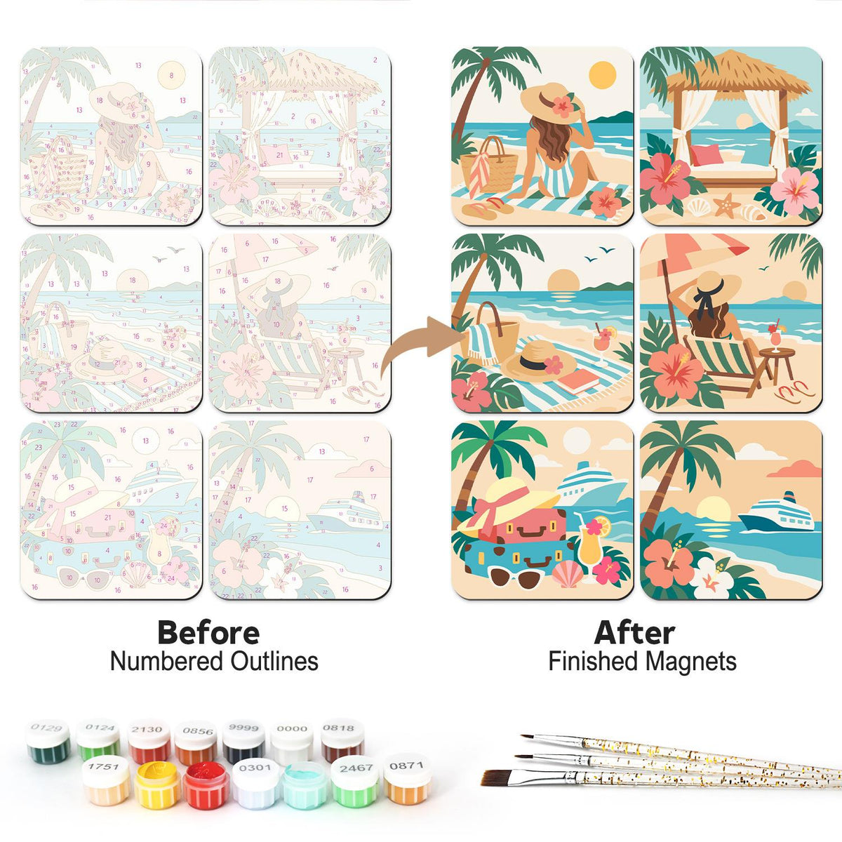 Sun Hat Beach Getaway fridge magnets – Beach holiday scenes with women in sun hats, a cabana, a beach bag, a deck chair, a cruise ship and hibiscus flowers