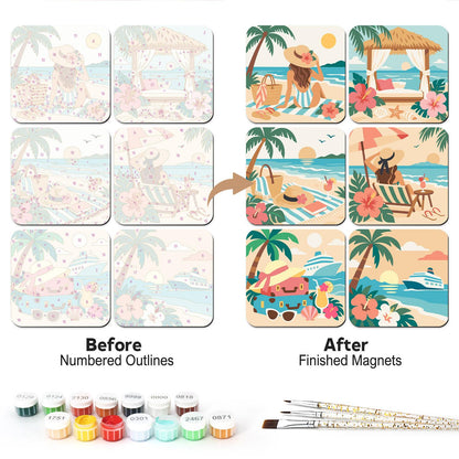 Sun Hat Beach Getaway fridge magnets – Beach holiday scenes with women in sun hats, a cabana, a beach bag, a deck chair, a cruise ship and hibiscus flowers