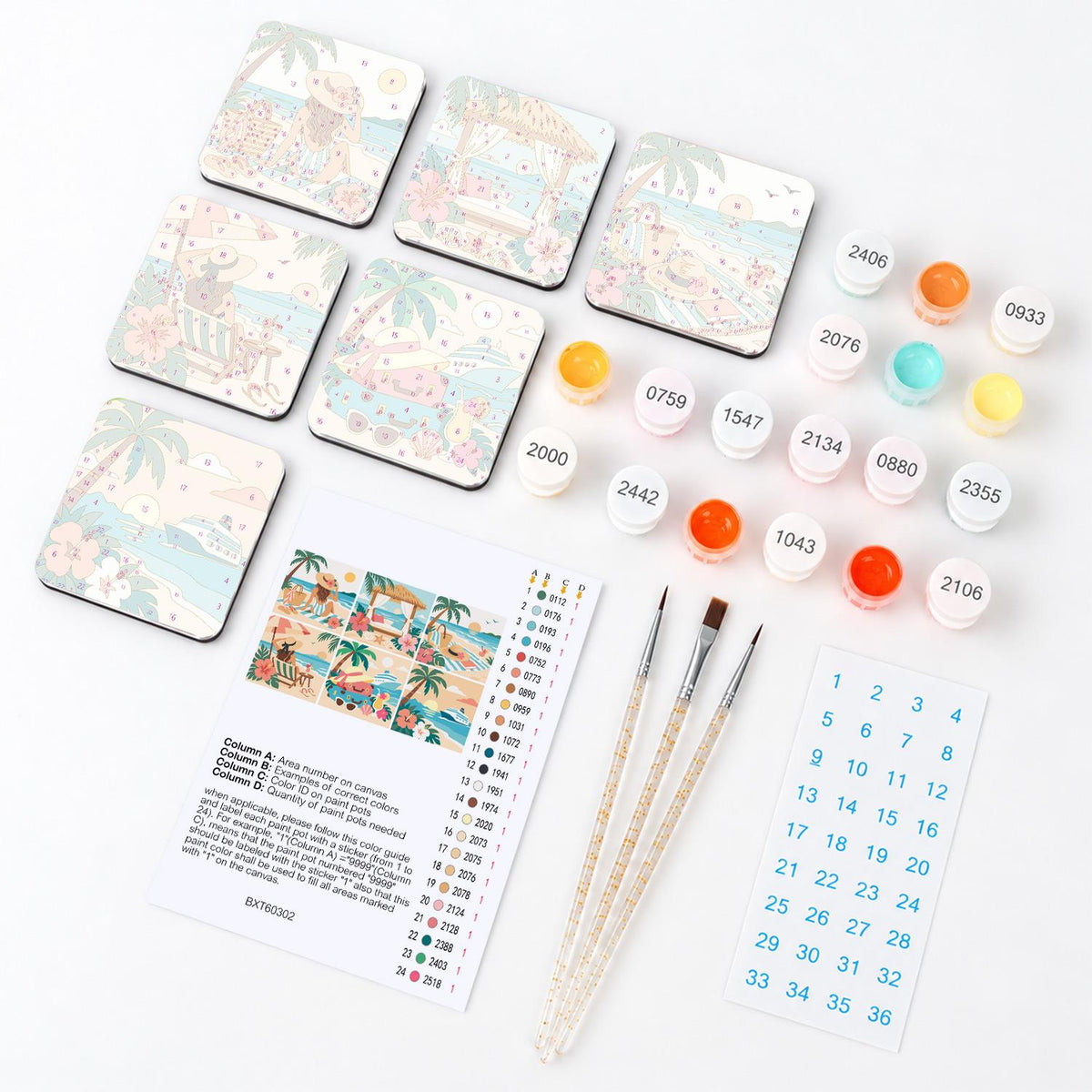 Sun Hat Beach Getaway fridge magnets – what's in the kit: the 6 magnet tiles, numbered paints, brushes, layout sheet and stickers