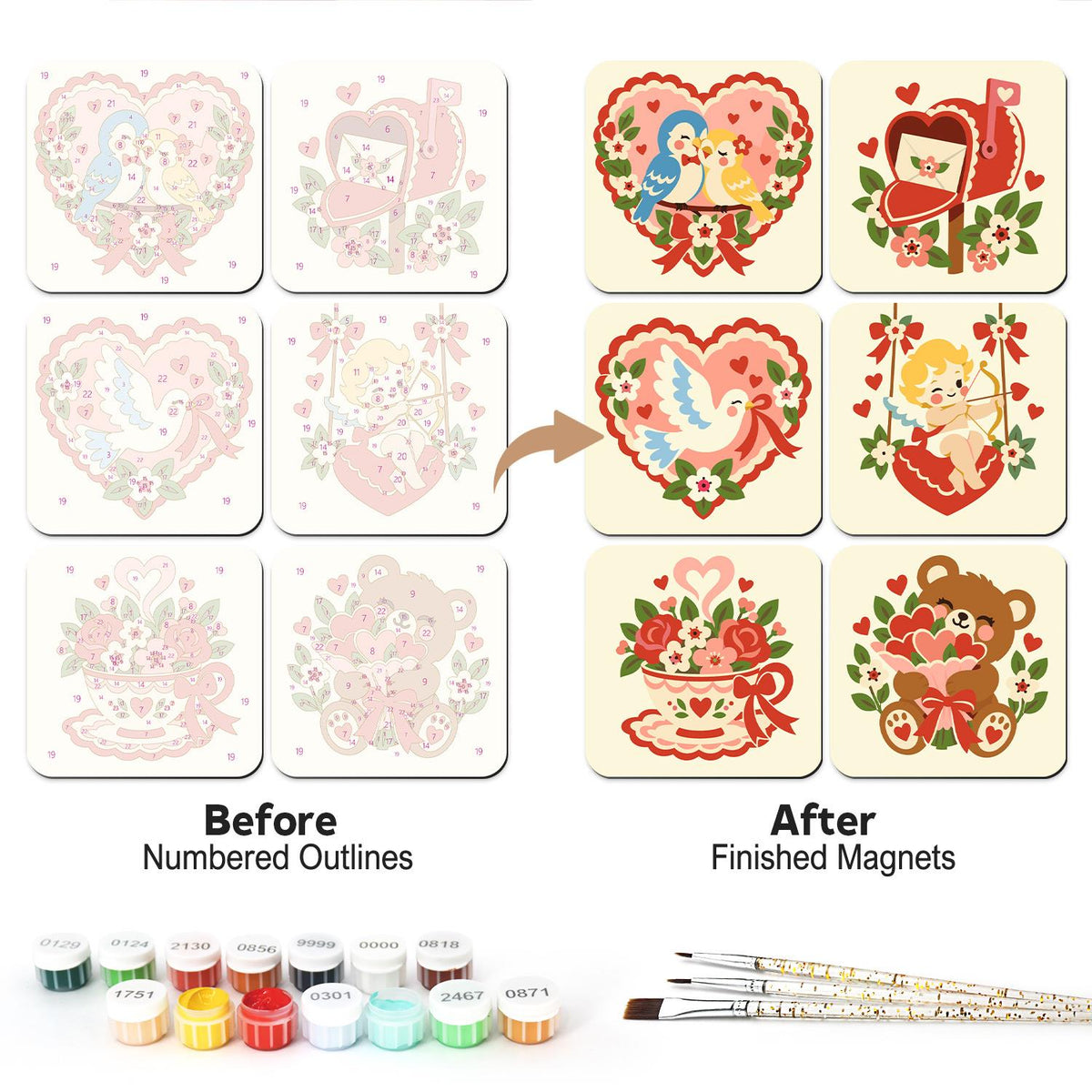 Lovebirds and Cupid Valentines fridge magnets – Valentine hearts with roses: lovebirds, a mailbox of letters, a dove, a cupid, a rose teacup and a teddy bear