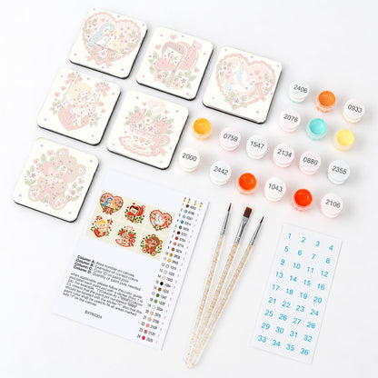 Lovebirds and Cupid Valentines fridge magnets – what's in the kit: the 6 magnet tiles, numbered paints, brushes, layout sheet and stickers