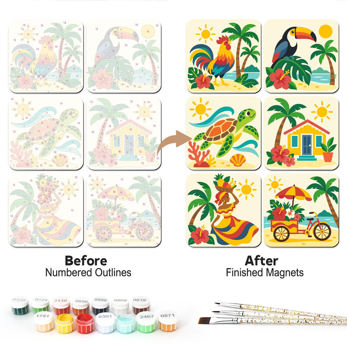 Island Toucan and Fruit Cart fridge magnets – Tropical scenes: a rooster, a toucan, a sea turtle, a yellow beach hut, a woman with a fruit basket and a fruit cart