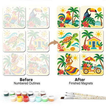 Island Toucan and Fruit Cart fridge magnets – Tropical scenes: a rooster, a toucan, a sea turtle, a yellow beach hut, a woman with a fruit basket and a fruit cart