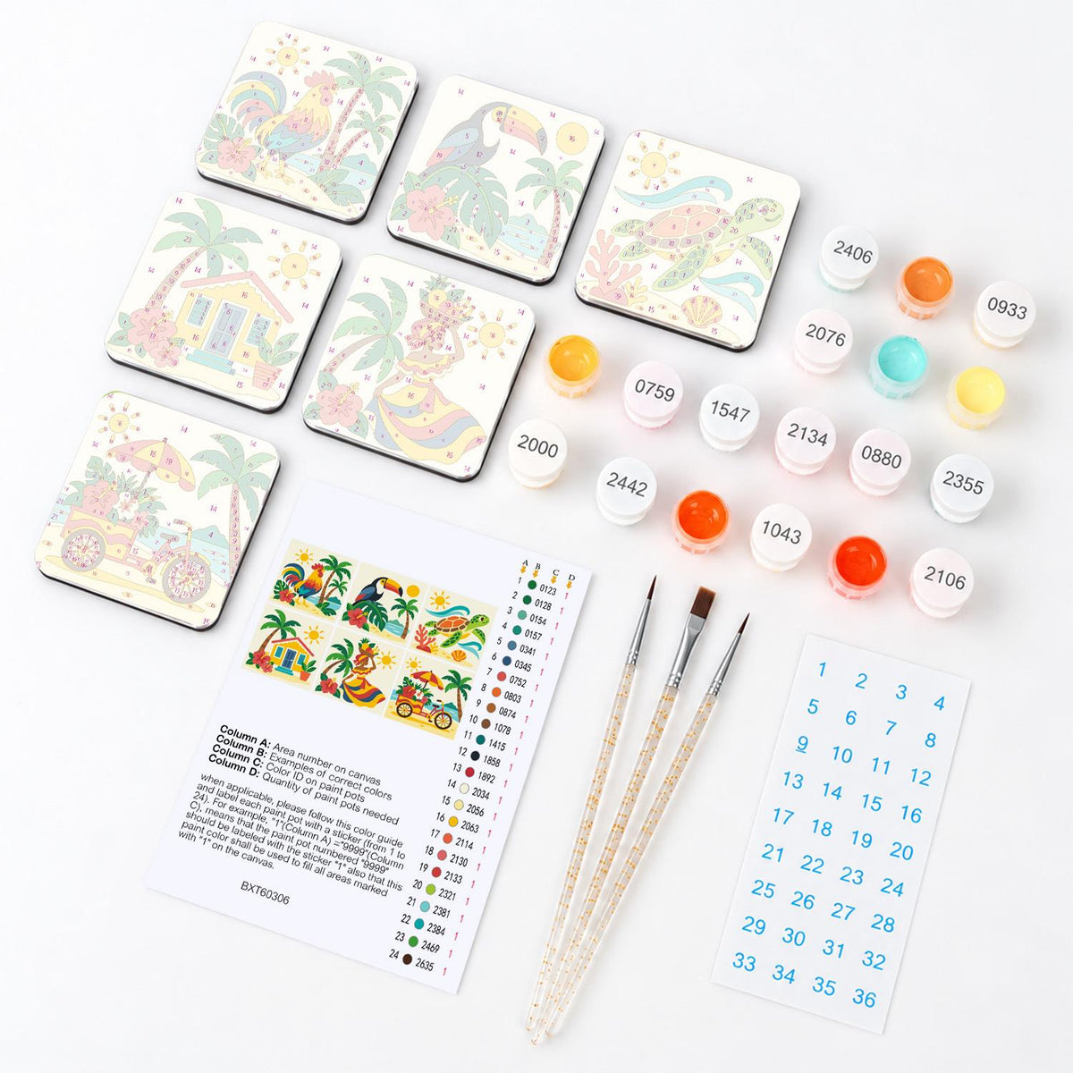 Island Toucan and Fruit Cart fridge magnets – what's in the kit: the 6 magnet tiles, numbered paints, brushes, layout sheet and stickers