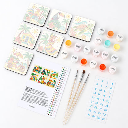 Island Toucan and Fruit Cart fridge magnets – what's in the kit: the 6 magnet tiles, numbered paints, brushes, layout sheet and stickers