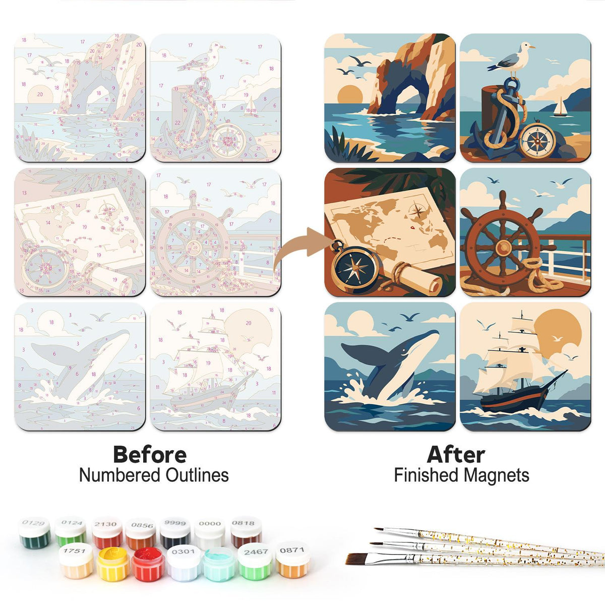 Tall Ship and Treasure Map fridge magnets – Seafaring scenes: a sea arch, a gull on a bollard, a treasure map, a ship's wheel, a breaching whale and a tall ship
