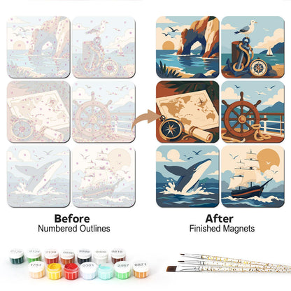 Tall Ship and Treasure Map fridge magnets – Seafaring scenes: a sea arch, a gull on a bollard, a treasure map, a ship's wheel, a breaching whale and a tall ship