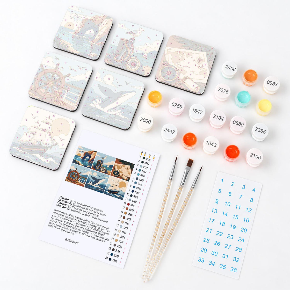 Tall Ship and Treasure Map fridge magnets – what's in the kit: the 6 magnet tiles, numbered paints, brushes, layout sheet and stickers