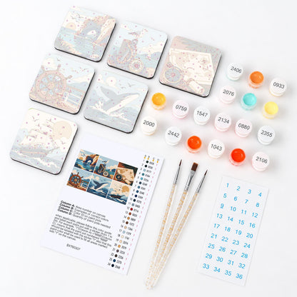 Tall Ship and Treasure Map fridge magnets – what's in the kit: the 6 magnet tiles, numbered paints, brushes, layout sheet and stickers