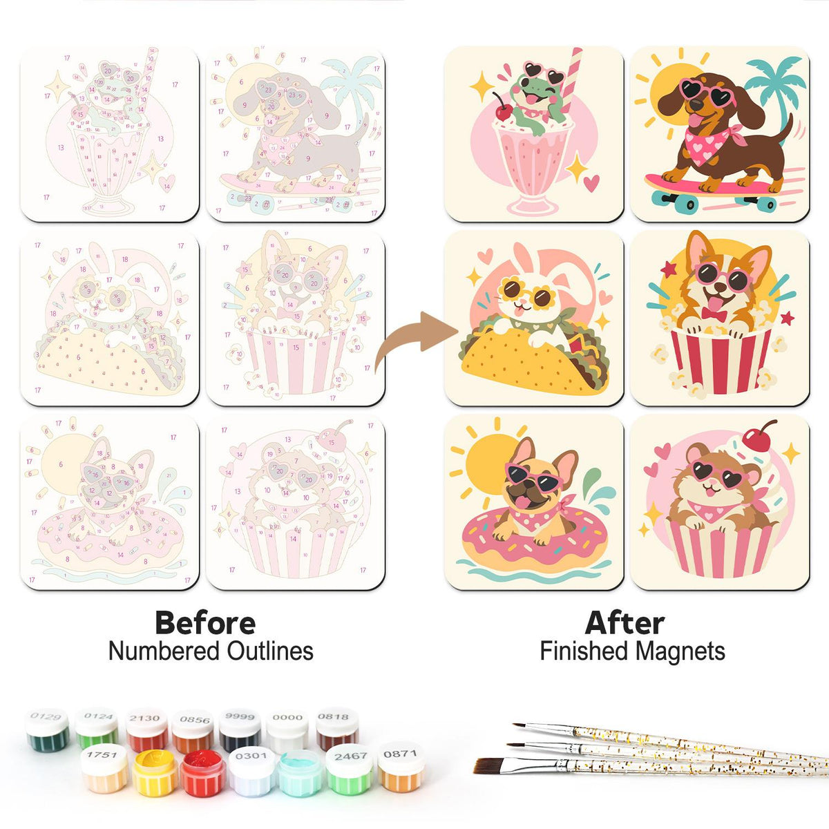 Heart-Shades Snack Buddies fridge magnets – Heart-sunglasses pets: a frog in a shake, a skating dachshund, and others in a taco, popcorn, a donut and a cupcake