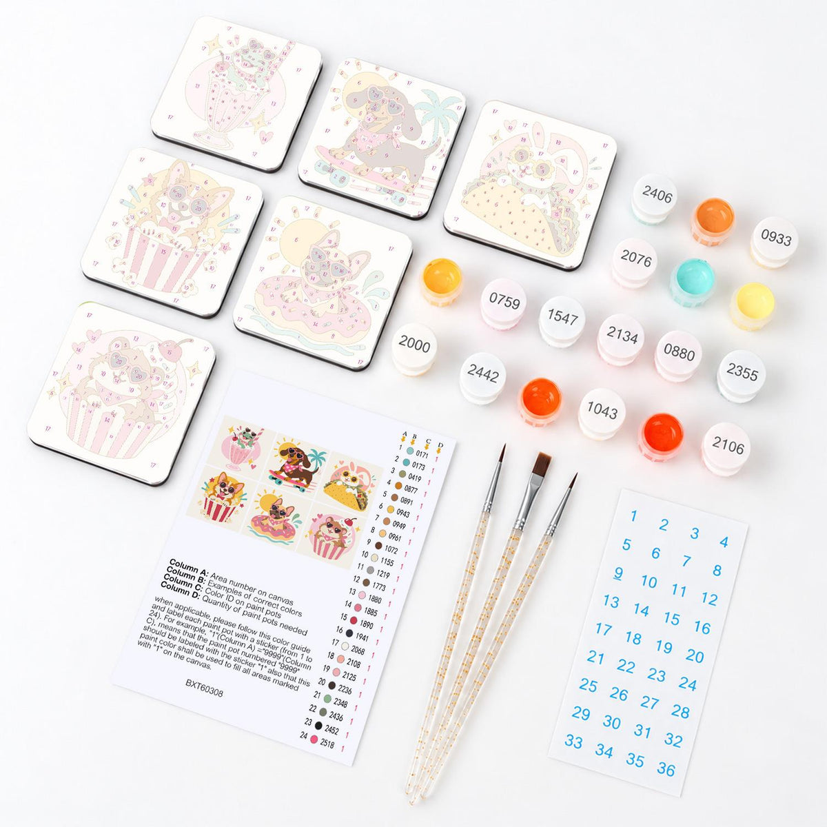 Heart-Shades Snack Buddies fridge magnets – what's in the kit: the 6 magnet tiles, numbered paints, brushes, layout sheet and stickers