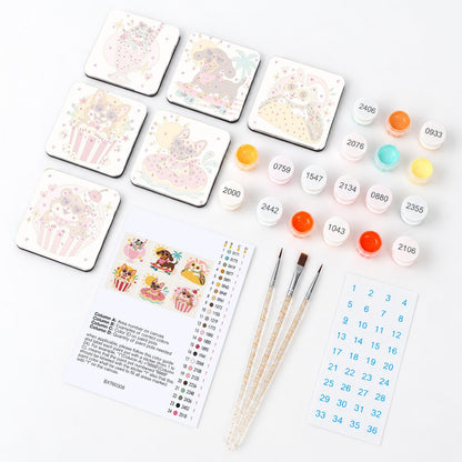 Heart-Shades Snack Buddies fridge magnets – what's in the kit: the 6 magnet tiles, numbered paints, brushes, layout sheet and stickers