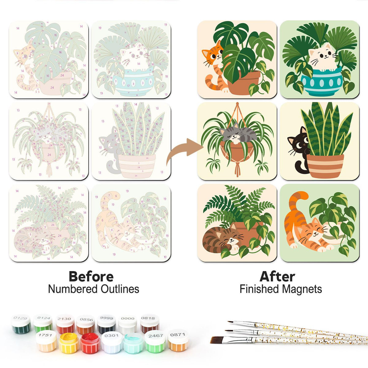 Houseplant Hideaway Cats fridge magnets – Cats with houseplants: by a monstera, in a palm pot, in a hanging planter, by a snake plant, in a fern and in pothos
