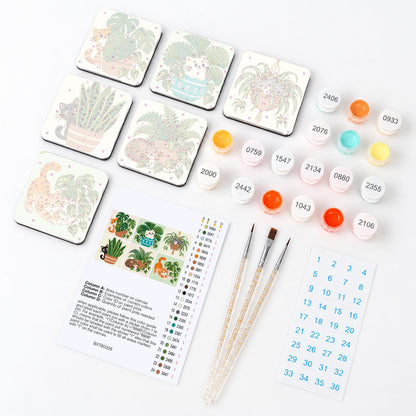 Houseplant Hideaway Cats fridge magnets – what's in the kit: the 6 magnet tiles, numbered paints, brushes, layout sheet and stickers