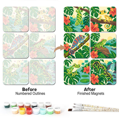 Chameleon and Gecko Jungle fridge magnets – Jungle reptiles and frogs among hibiscus: two chameleons, a gecko, an iguana, a tree frog and a spotted salamander