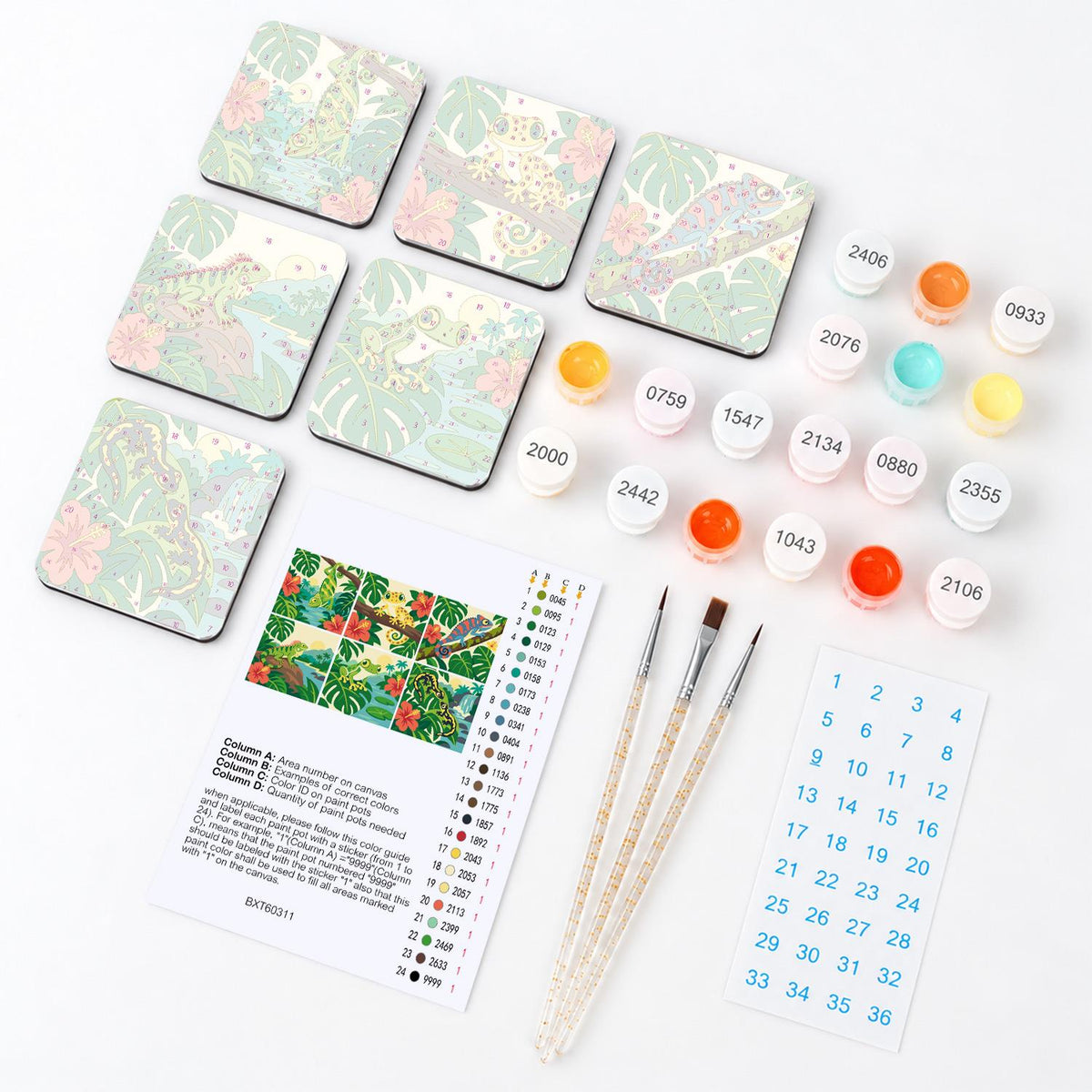 Chameleon and Gecko Jungle fridge magnets – what's in the kit: the 6 magnet tiles, numbered paints, brushes, layout sheet and stickers