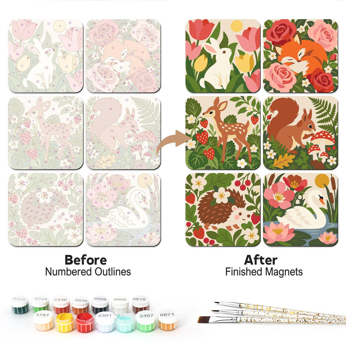 Woodland Critters in Bloom fridge magnets – Woodland animals in flowers: a rabbit in tulips, a fox in roses, a fawn, a squirrel, a hedgehog and a swan in lilies
