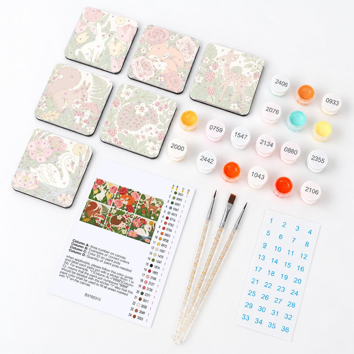Woodland Critters in Bloom fridge magnets – what's in the kit: the 6 magnet tiles, numbered paints, brushes, layout sheet and stickers