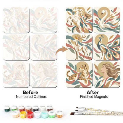 Windswept Horse and Swan fridge magnets – Swirling ribbon art in sage and terracotta: a rearing horse, a swan, a stag, a peacock, a leopard and a woman's face