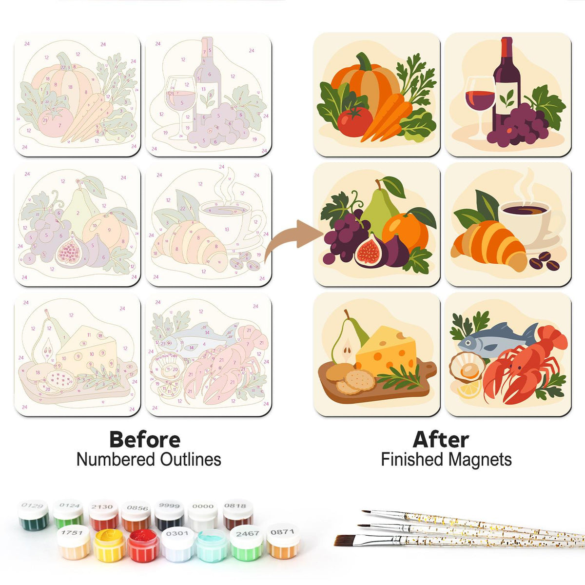 Gourmet Market Still Life fridge magnets – Gourmet still lifes: harvest vegetables, wine and grapes, figs and pears, croissant and coffee, cheese, and seafood