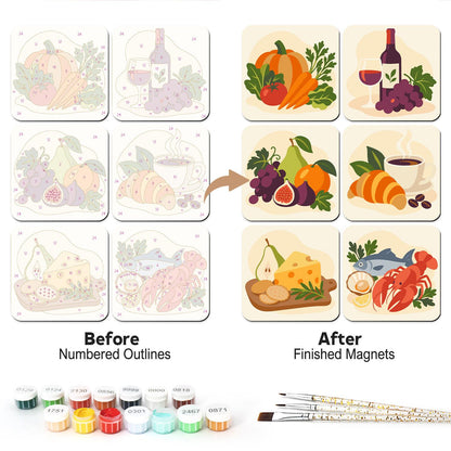 Gourmet Market Still Life fridge magnets – Gourmet still lifes: harvest vegetables, wine and grapes, figs and pears, croissant and coffee, cheese, and seafood