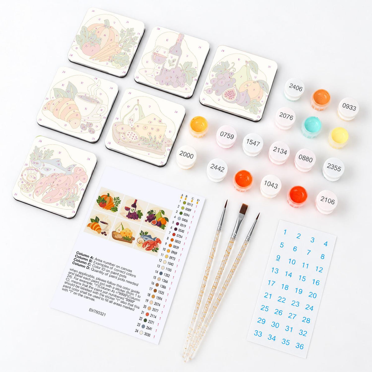 Gourmet Market Still Life fridge magnets – what's in the kit: the 6 magnet tiles, numbered paints, brushes, layout sheet and stickers