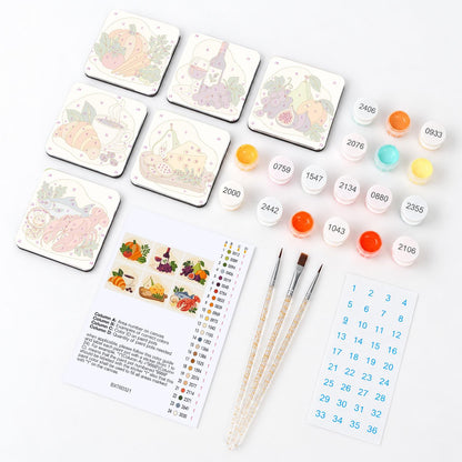 Gourmet Market Still Life fridge magnets – what's in the kit: the 6 magnet tiles, numbered paints, brushes, layout sheet and stickers