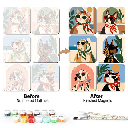 Silk Scarf Riviera Pets fridge magnets – Dogs and cats in headscarves and sunglasses: a French bulldog, a retriever, a Doberman, a Dalmatian and two cats
