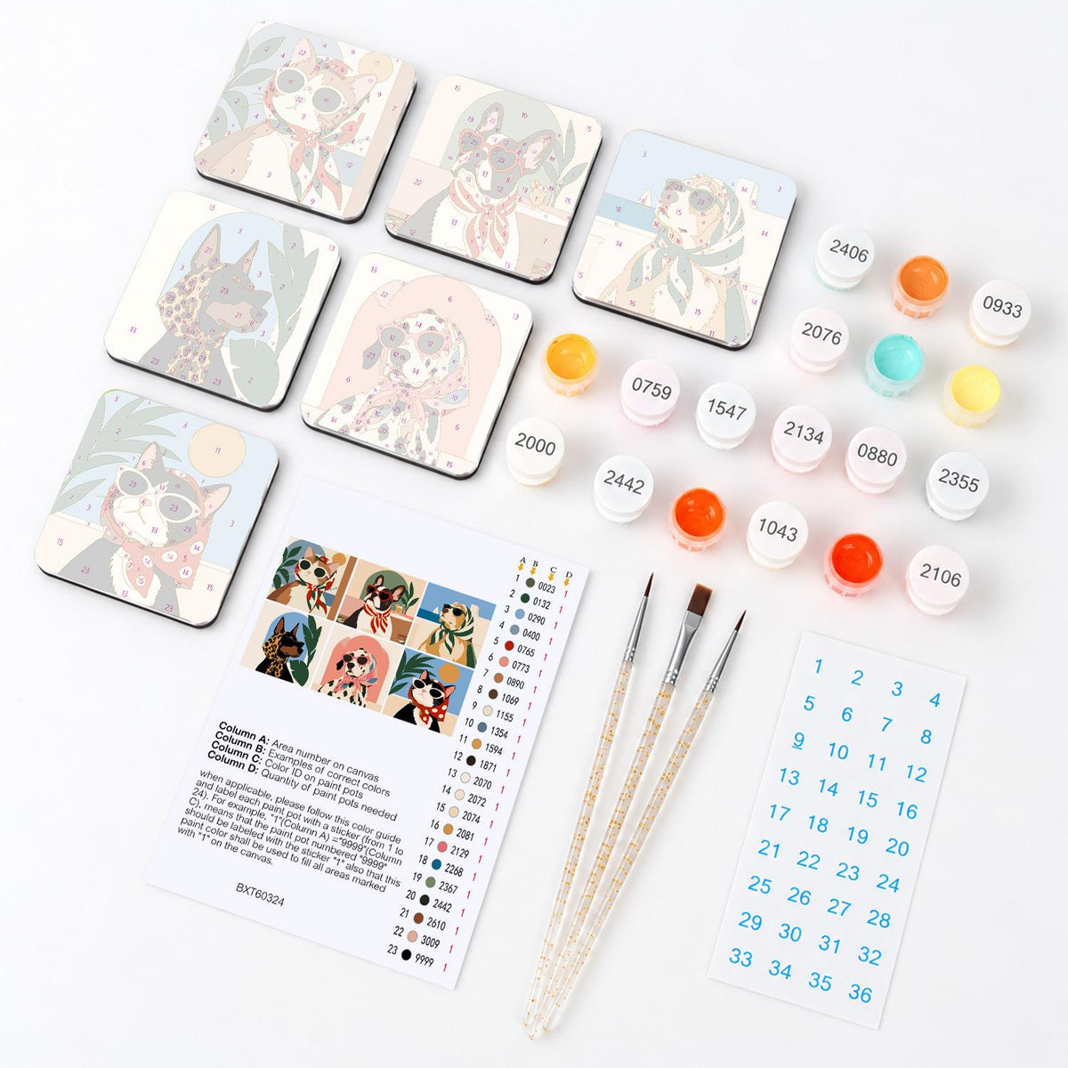 Silk Scarf Riviera Pets fridge magnets – what's in the kit: the 6 magnet tiles, numbered paints, brushes, layout sheet and stickers