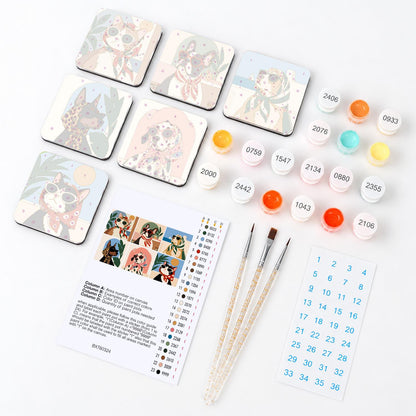Silk Scarf Riviera Pets fridge magnets – what's in the kit: the 6 magnet tiles, numbered paints, brushes, layout sheet and stickers