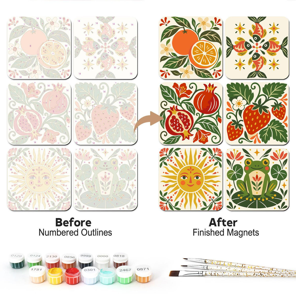Folk Art Pomegranate Garden fridge magnets – Folk art motifs: oranges, a floral medallion, a pomegranate, strawberries, a smiling sun and a frog on a lily pad