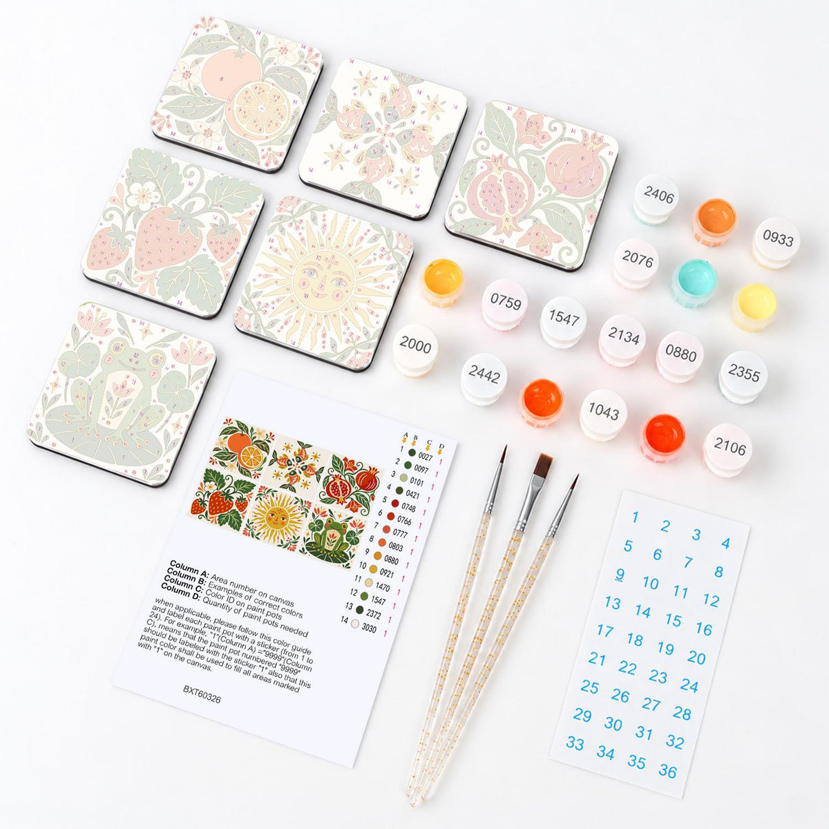 Folk Art Pomegranate Garden fridge magnets – what's in the kit: the 6 magnet tiles, numbered paints, brushes, layout sheet and stickers