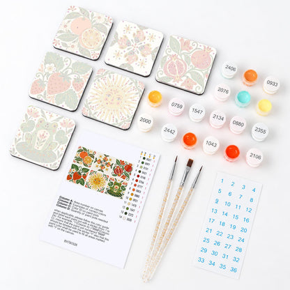 Folk Art Pomegranate Garden fridge magnets – what's in the kit: the 6 magnet tiles, numbered paints, brushes, layout sheet and stickers