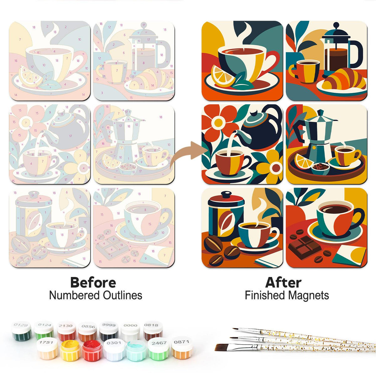 Colour-Block Coffee Break fridge magnets – Bold colour-block café scenes: a teacup with lemon, a French press, a teapot, a moka pot, a coffee tin and chocolate