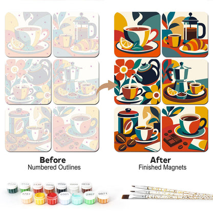 Colour-Block Coffee Break fridge magnets – Bold colour-block café scenes: a teacup with lemon, a French press, a teapot, a moka pot, a coffee tin and chocolate