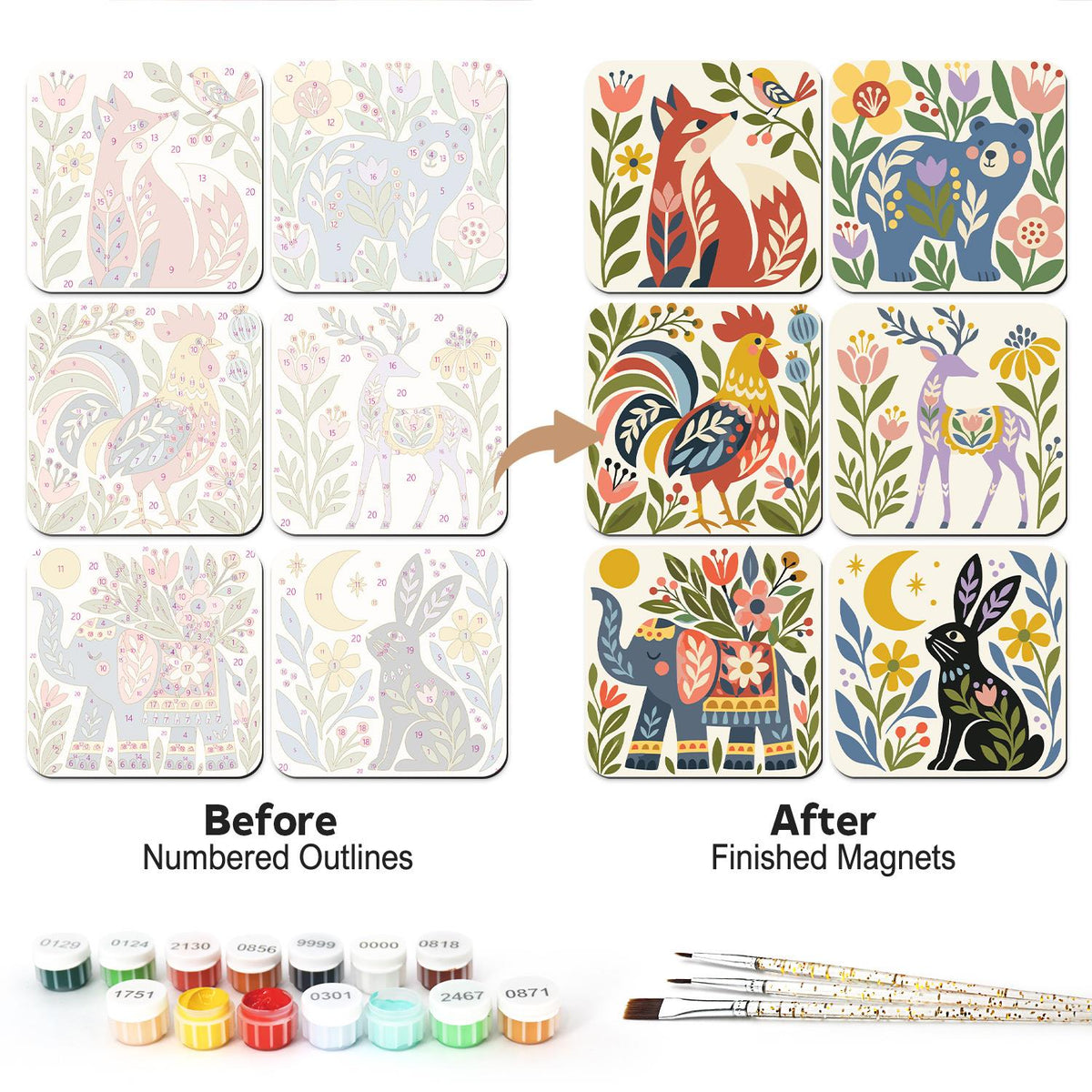 Folk Fox and Rooster Meadow fridge magnets – Folk art animals in flowers: a fox with a bird, a bear, a rooster, a lilac deer, an elephant and a rabbit with a moon