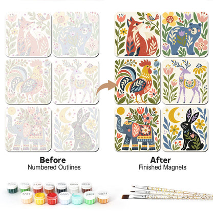 Folk Fox and Rooster Meadow fridge magnets – Folk art animals in flowers: a fox with a bird, a bear, a rooster, a lilac deer, an elephant and a rabbit with a moon