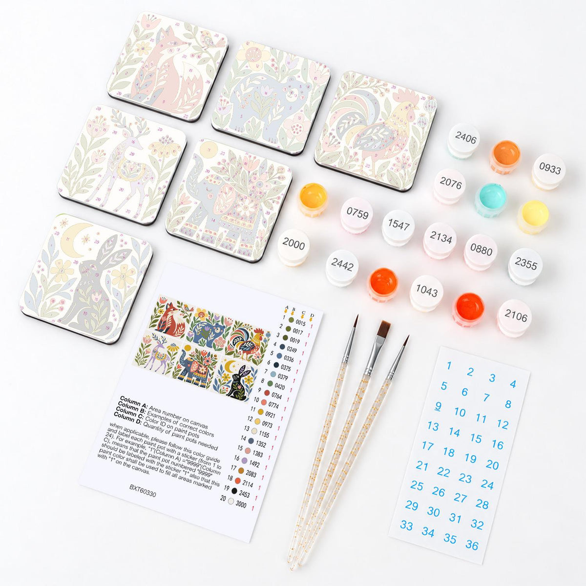 Folk Fox and Rooster Meadow fridge magnets – what's in the kit: the 6 magnet tiles, numbered paints, brushes, layout sheet and stickers